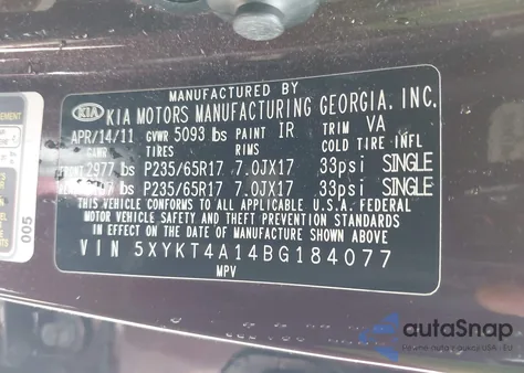 2011 Kia Sorento Lx z USA, uszkodzony, nr VIN 5XYKT4A14BG184077